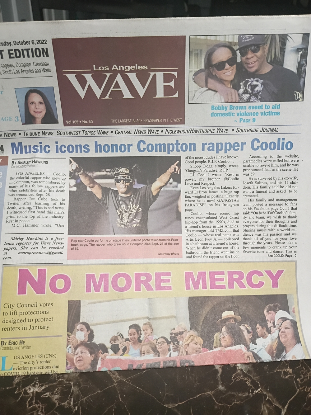 Music Icons Honor Late Rapper CoolioLos Angeles Wave Newspaper - Front Page